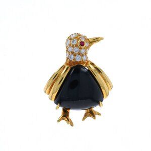 Hammerman Bros Onyx Dia Ruby Vintage Penguin Brooch - Yellow Gold 18k .35ctw Pin